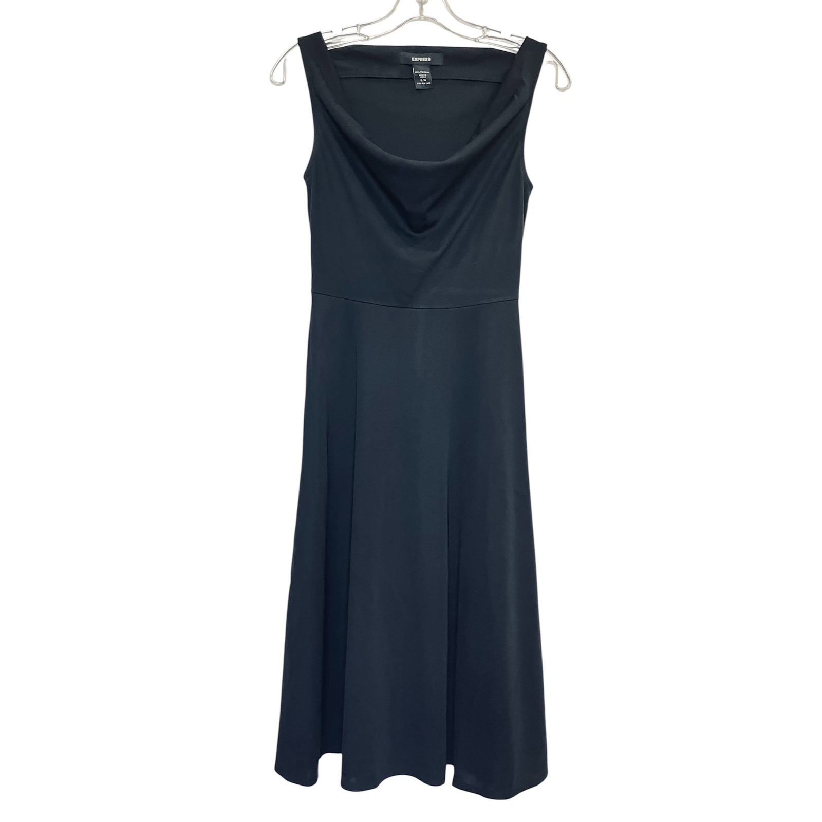 Express Cowl Neck Midi Dress Womens 3/4 Black Sleeveless Flared Cocktail Lbd Y2k